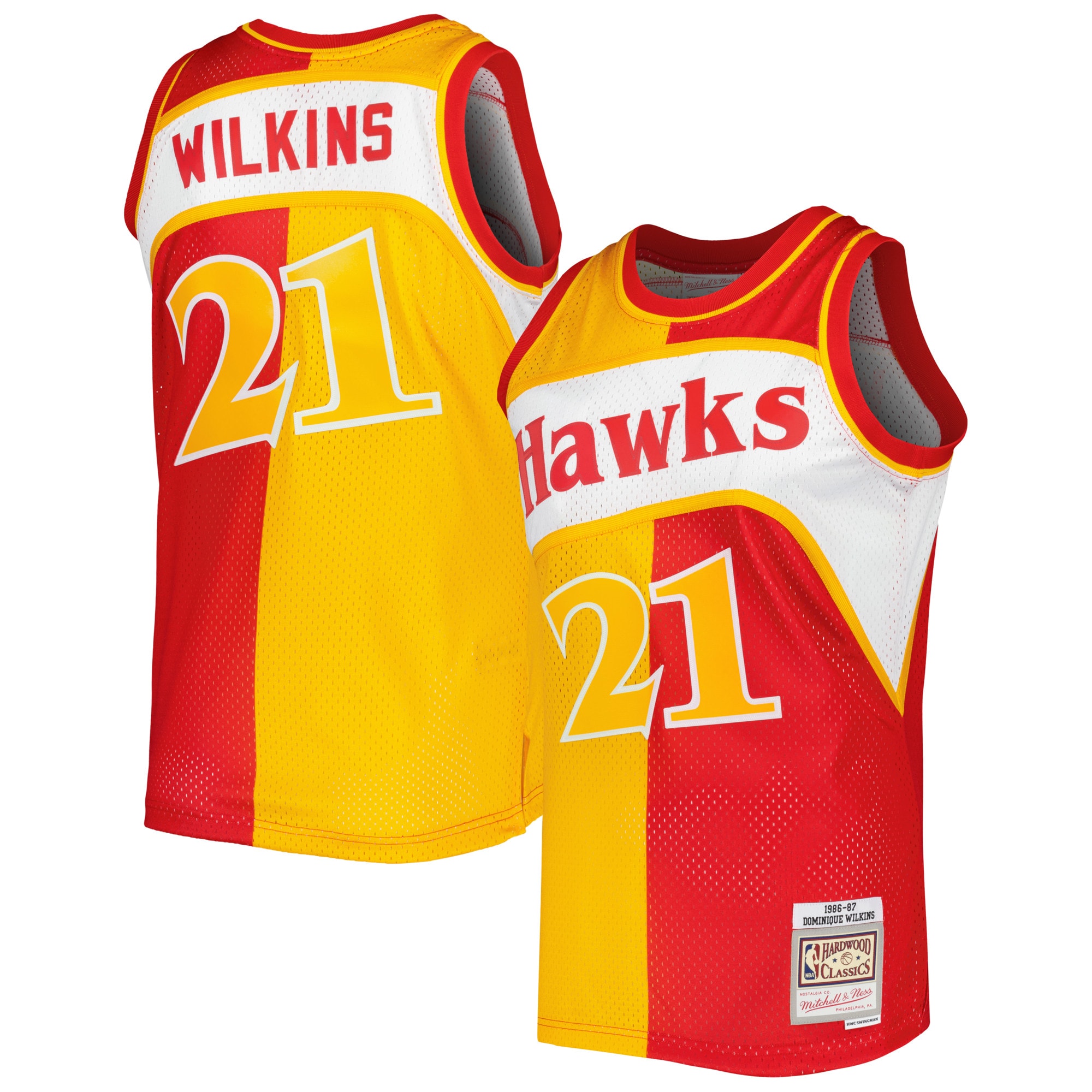 Onlysellerpro Dominique Wilkins Atlanta Hawks Mitchell Ness Hardwood Classics 1986/87 Split Swingman Jersey - Yellow/Red 